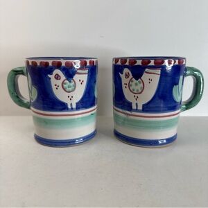 Vietri Solimene Campagna Chicken Mugs Blue Green Hen Made in Italy 12oz LOT OF 2